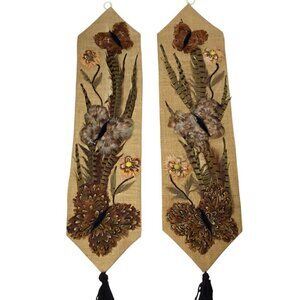 Vtg 3D Folk Art Feather Craft Art Burlap Wall Hanging Bell Pull Butterfly OOAK